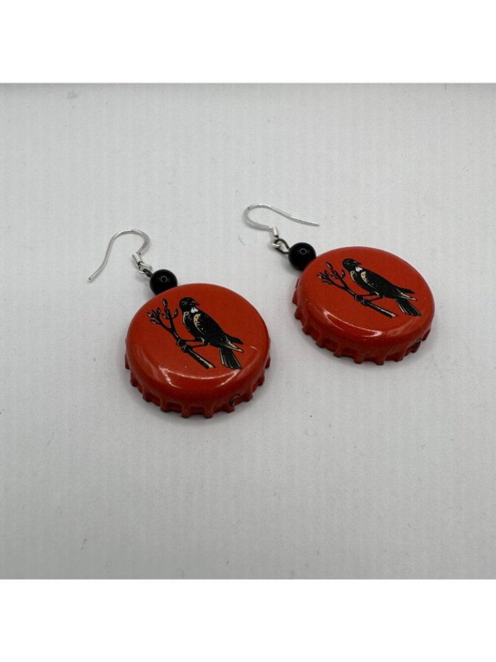Black Bird Bottle Cap Red & Black Dangle Earrings With Trivia Design - Picture 2 of 5